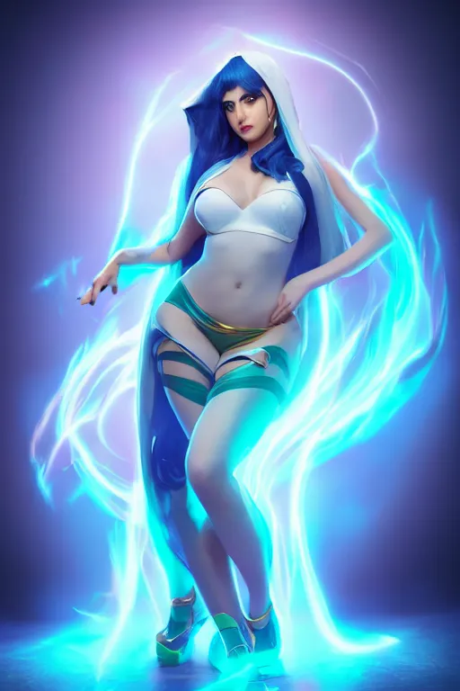 Image similar to Sona from League of Legends, photorealistic full body, studio lighting, white ambient background, highly detailed