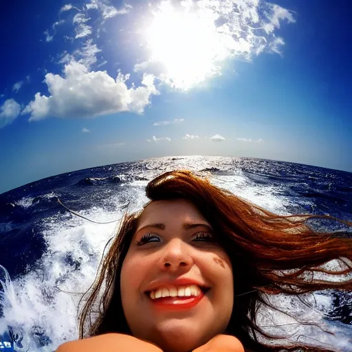 Prompt: Selfie!!!!! of a woman with gorgeous hair flowing in the wind, in the middle of the ocean!!!!!, first-person view, fisheye!!!!! lens!!!!!, photorealistic image, trending on artstation, 4k, 8k