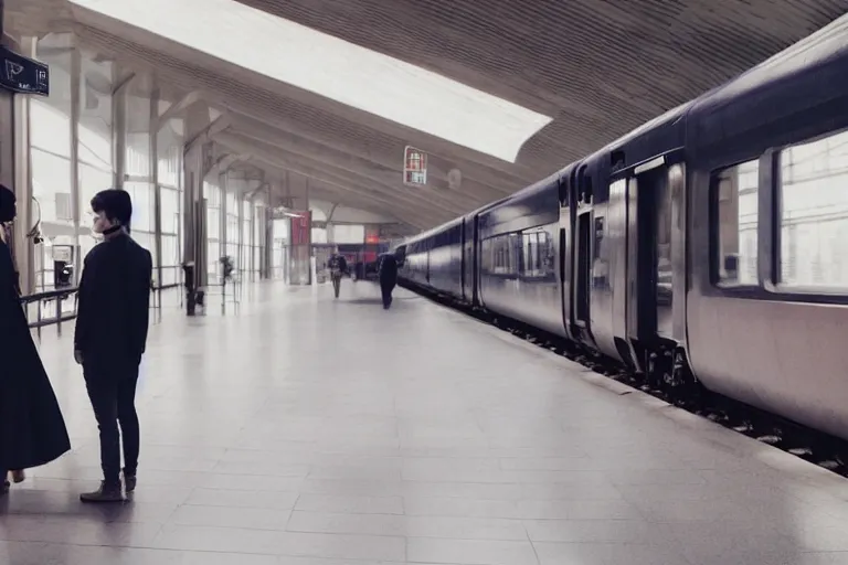 Image similar to vfx movie couple in a train station flat color profile low - key lighting cinematography atmospheric cool color - grade