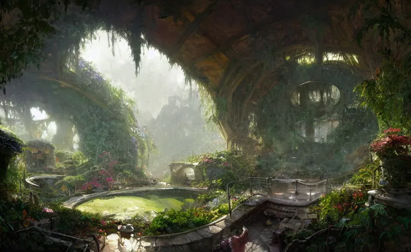 Image similar to painting of an interior of a hidden ring - shaped living quarters overlooking the great room, well maintained, clean, lush plants and flowers, other bedrooms can be seen, natural light, fantasy, natural light, concept art, by greg rutkowski and craig mullins, cozy atmospheric and cinematic lighting, trending on artstation