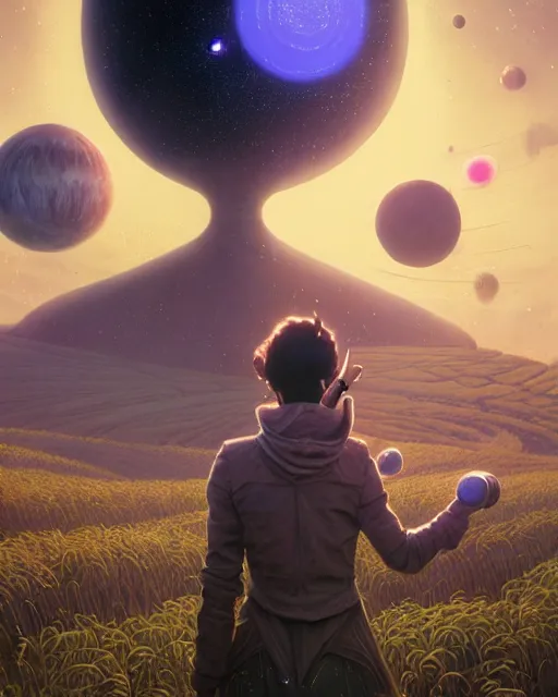 Prompt: highly detailed surreal vfx portrait of a futuristic mage in a rural farm with planets in background, stephen bliss, unreal engine, greg rutkowski, loish, rhads, beeple, makoto shinkai and lois van baarle, ilya kuvshinov, rossdraws, tom bagshaw, alphonse mucha, global illumination, detailed and intricate environment