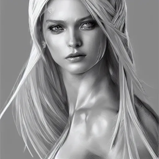 Image similar to fantasy woman, long blonde hair, white armor, highly detailed, perfect facial detail, beautiful, elegant, high fantasy, style of artgerm, rutkowski, giacometti,