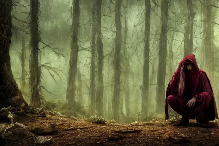 Image similar to still from a fantasy movie, a warlock on his knees crying, looking up, red eyes from crying, forest in the background, muted colors, 8 k, cinematic, very detailed face, hyperrealistic, movie still frame, promotional image, imax 7 0 mm footage