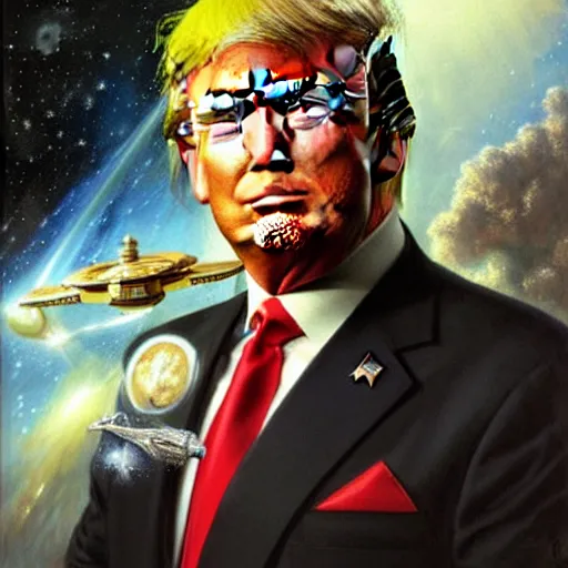 Image similar to a portrait of a donald trump as the enterprise, star trek the next generation, space battle. highly detailed painting by gaston bussiere, craig mullins, j. c. leyendecker, furry