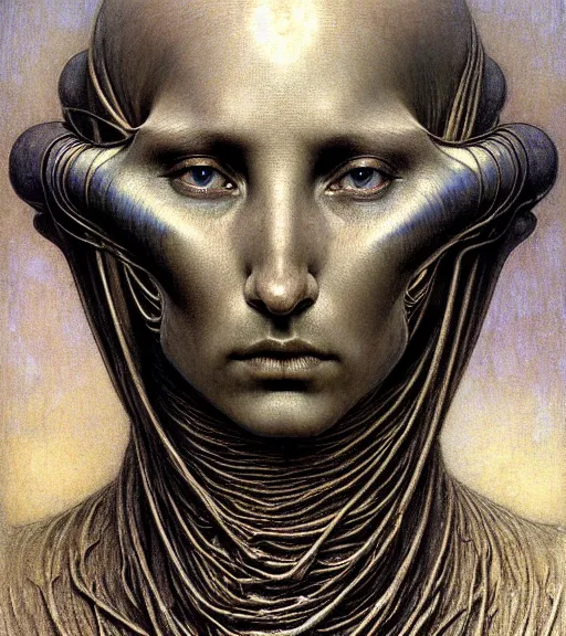 Prompt: detailed realistic beautiful young medieval alien robot grimez face portrait by jean delville, gustave dore and marco mazzoni, art nouveau, symbolist, visionary, gothic, pre - raphaelite. horizontal symmetry by zdzisław beksinski, iris van herpen, raymond swanland and alphonse mucha. highly detailed, hyper - real, beautiful