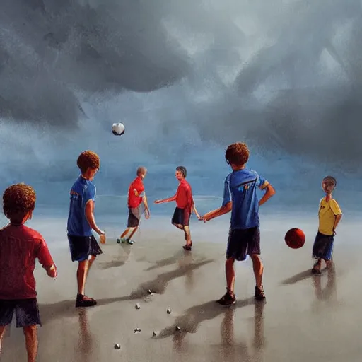 Image similar to four boys playing soccer at a beach, raining, hyper detailed, digital art, trending in artstation, cinematic lighting, studio quality, smooth render, octane rendered, concept art, sharp focus, illustration, art by artgerm and greg rutkowski and wlop