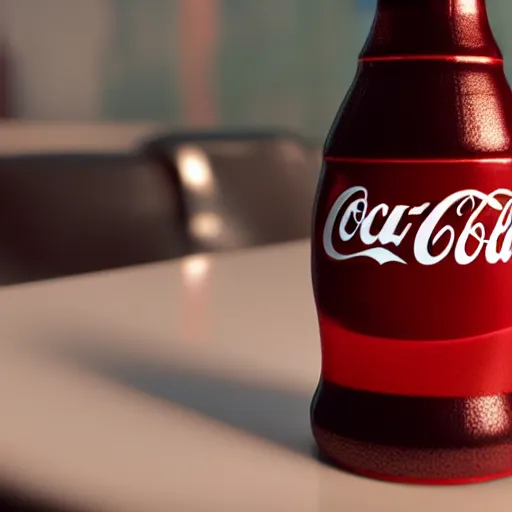 Image similar to bottle of coca - cola, droplets flow down the bottle, soft warm light, ultra quality, super detail, play of light, yellow light shining through, focus unreal engine 5,