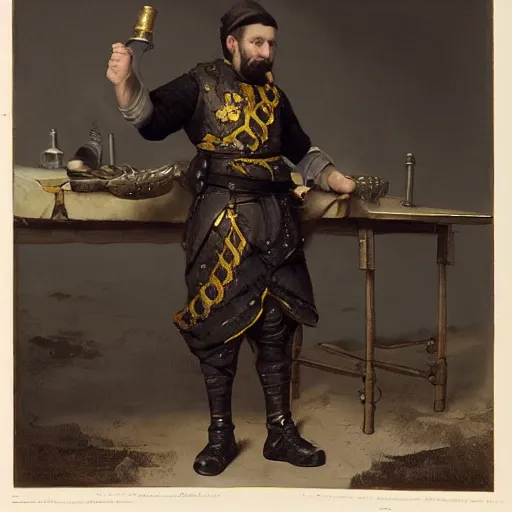 Image similar to Frustrated and acerbic male Imperial sergeant with a short beard wearing a {black and yellow tabard} over a steel breastplate and a black gambeson leaning over a table, by Raymond Swanland Greg Rutkowski Lise Deharm, {perfect face}, {perfect eyes}, {perfect body}, {hands planted on war table while standing}, fantasy