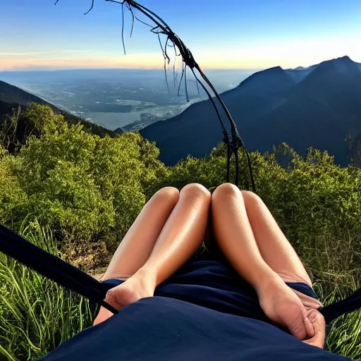 Image similar to relaxing in a hammock on top of a mountain, amazing views, award winning photography, highly detailed
