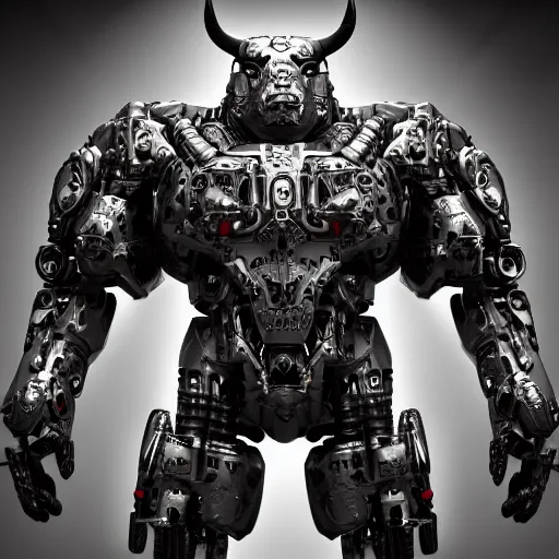 Image similar to a full body shot of a cyborg ( bull ) modeled after a bull looking into the camera, android, cyborg, full body shot, intricate, 3 d, hyper realism, fantasy, depth of field, octane render, symmetrical, highly detailed, digital art, artstation, concept art, cinematic lighting, trending