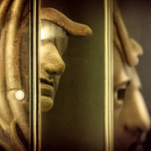 Prompt: close up photo of a clockwork automaton looking into a mirror, soft focus, shallow depth of field, reflective recursion, smooth dreamy autochrome, dim lighting, somber solitary melancholy, silent contemplative atmosphere, 8k