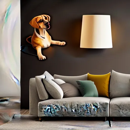 Image similar to a large lamp, shaped as a 3d beagle puppy head, placed in a large living room, art designers magazine HD photo superrealism 3d 8k resolution