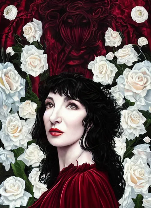 Prompt: portrait of kate bush against a red velvet background, lush black hair, pale skin, white roses, flowing material, intricate, beautiful cinematic lighting, stuning painting by artgerm and caravaggio and android jones