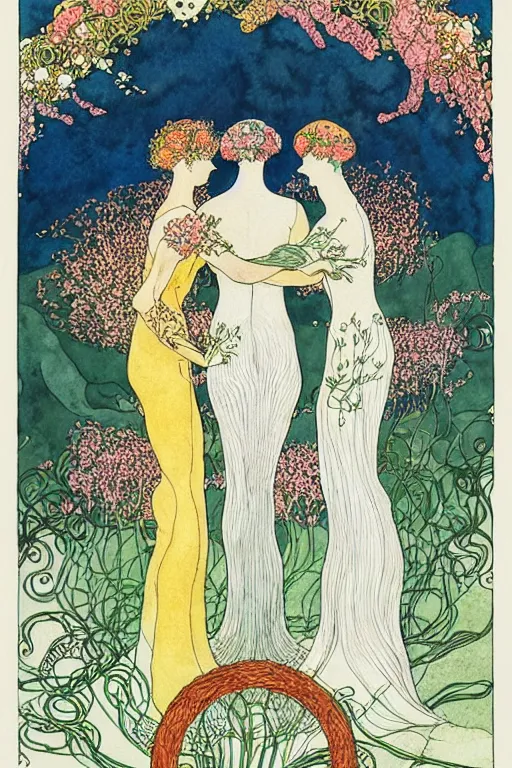 Image similar to three women holding hands in a circle with flowers growing around, flower frame, detailed art by kay nielsen and walter crane, illustration style, watercolor