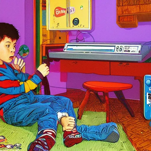 Image similar to kids playing nintendo, 90s bedroom, happy, colorful Epic portrait by james gurney and mœbius,