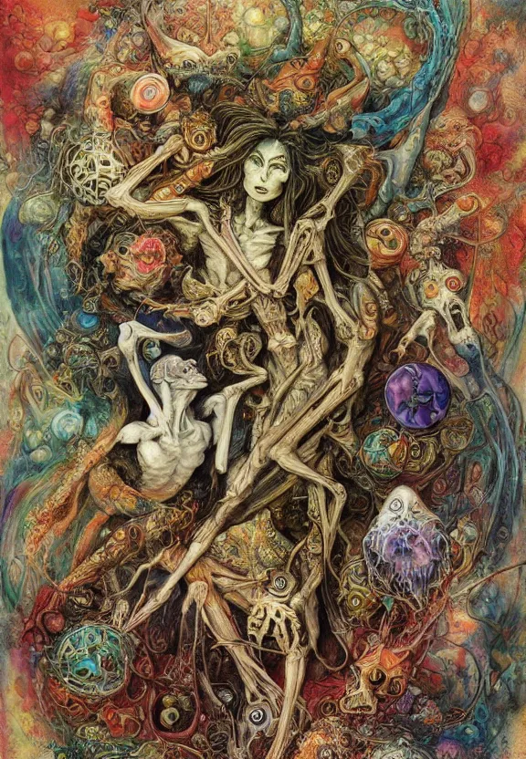 Image similar to simplicity, colorful muscular eldritch bodies and bones radiating from fractal, mandala, white bones, colorful gems, brush pen, by h. r. giger and esao andrews and maria sibylla merian eugene delacroix, gustave dore, thomas moran, pop art, chiaroscuro, biopunk, art nouveau