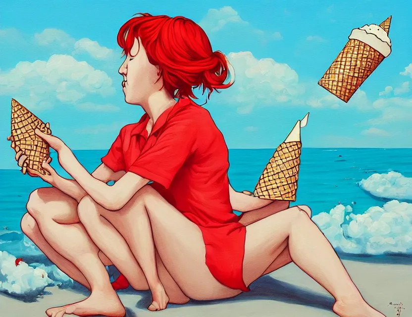 Image similar to a painting of a lazy red tomato on a sunny beach eating ice cream clouds in a cone by james jean