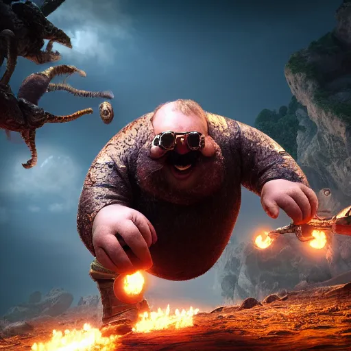 Image similar to highly detailed octane render of a short fat ugly man with a giant beard wearing goggles and armour and screaming and running in a cave whilst being chased by large insects