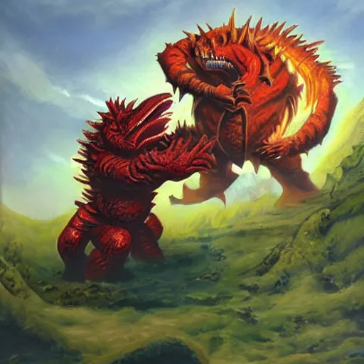 Prompt: tarrasque fighting a zaratan, oil painting