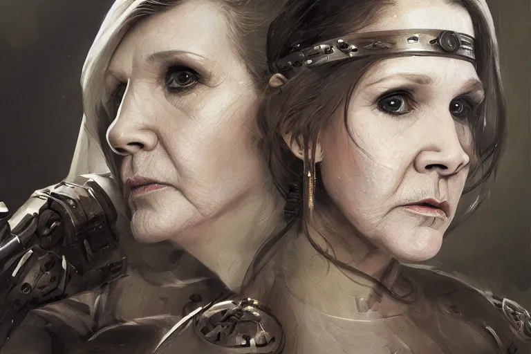 Image similar to a finely detailed portrait of Carrie Fisher, clothed in battle armor, olive skin, long dark hair, beautiful bone structure, symmetrical facial features, intricate, elegant, digital painting, trending on Artstation, concept art, smooth, sharp focus, illustration, from Metal Gear by Ruan Jia and Mandy Jurgens and Artgerm and Greg Rutkowski, award winning