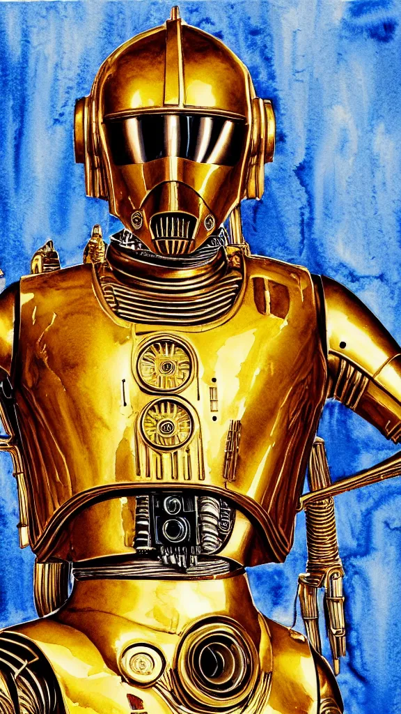 Image similar to a portrait of c - 3 po in a watercolor style. faded wash. style of robert hagan. color harmony, 8 k detail, gallery quality, hd wallpaper, premium prints available, hyper - detailed, intricate design.