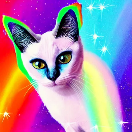 Prompt: siamese cat with a unicorn horn, rainbow background, sparkly aura around cat