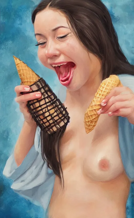Prompt: portrait of a girl, in a silk robe, ice cream dripping down her top to bottom, oil coming out of her mouth, hyperrealistic, hightech