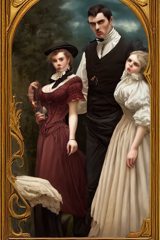 Image similar to a portrait of handsome young evil male Satan and his elegant beautiful wife, bored, Dressed in Victorian fashions, illustration, soft lighting, soft details, painting oil on canvas, octane render, HDR, 4k, 8k, HD, by Edmund Blair Leighton, Brom, Charlie Bowater, trending on artstation,