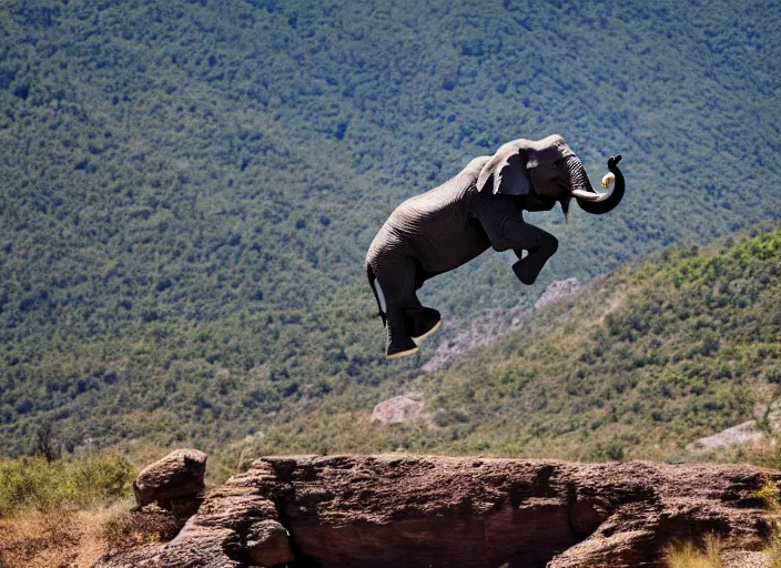 Image similar to dslr photo still of an elephant leaping off a mountain flying through the air, 4 k, 1 2 0 mm f 1 6