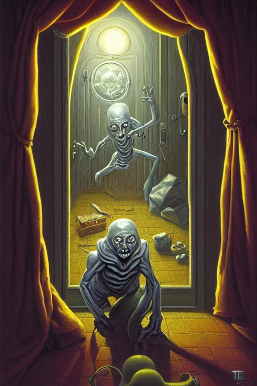 Prompt: classic oil painting, a gray alien with big black eyes opening the door, as a dnd character, inside a cluttered bedroom at night, cottagecore, highly detailed, digital illustration, concept art, smooth, sharp focus, art by tim hildebrandt, and alex grey