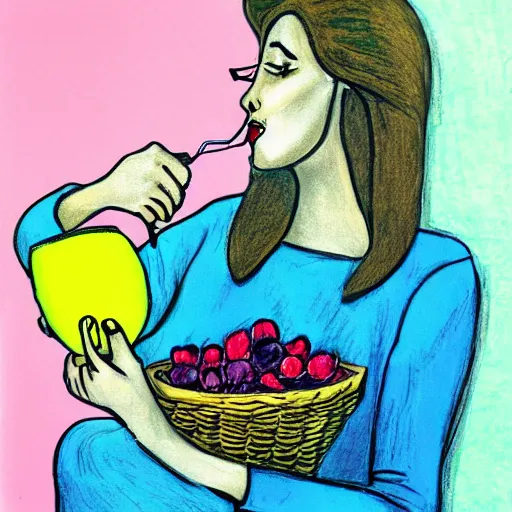 Prompt: beautiful lady, drinking tea, fruit basket, painting,, clean shapes, print, pastel colors, ink lines, markus gunnar, konstfack