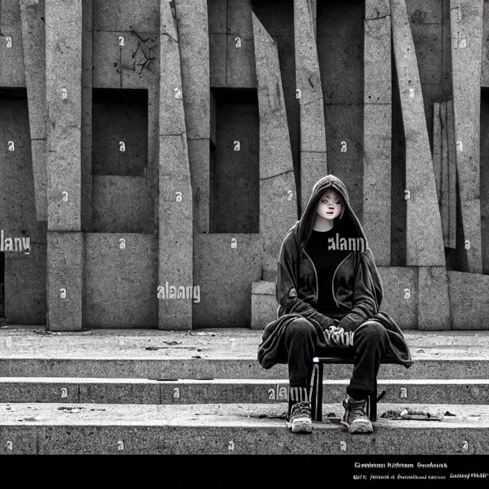 Image similar to sadie sink in hoodie sits on bench in ruined square, pedestrians walk by. background of old soviet monument and pedestrians. storyboard, scifi cyberpunk. by gabriel hardman, joe alves, chris bonura. cinematic atmosphere, detailed and intricate, perfect anatomy