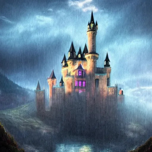 Prompt: castle, raining, celestia, eden, river, fantasy artwork, award winning, very very very very very very very beautiful scenery, artstation