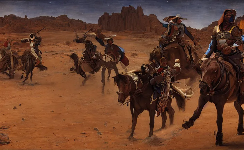 Prompt: a cowboy shootout on mars by edgar maxence and caravaggio and michael whelan and delacroix style, artistic, intricate painting, cinematic lighting, hyper realistic, extremely detailed, establishing shot, 8 k resolution, dramatic lighting