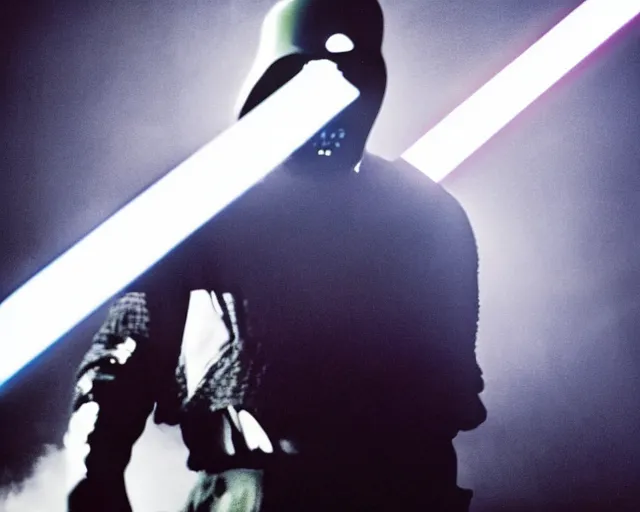 Image similar to a high definition photograph of Kanye West seriously holding a lightsaber, in moody lighting, high contrast, dark shadows