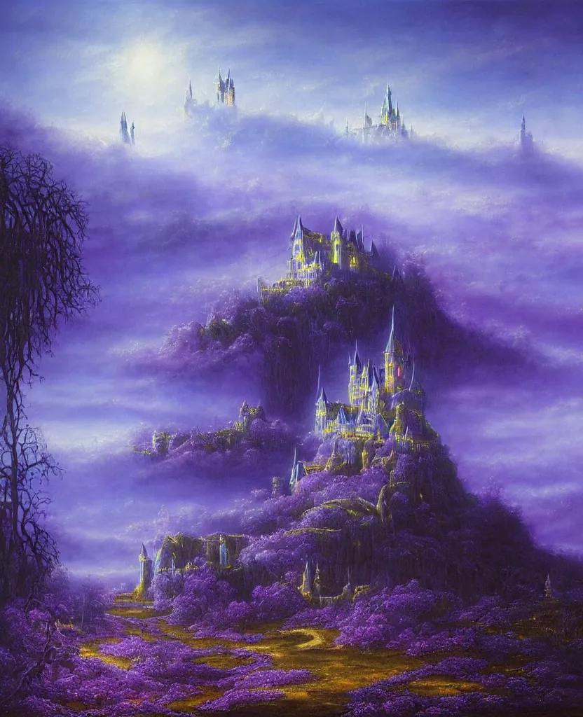 Prompt: beautiful matte airbrush painting of a of a fantasy landscape with a european medieval castle made of light in the distance enveloped in trails of colorful animal ghosts floating around it, clear painting and good lighting, dark blue and intense purple color palette, mystical fog, art by gilbert williams, yoshitaka amano, high quality