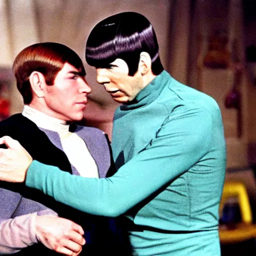 Prompt: Captain James T. Kirk and Spock from Star Trek(1966) in color, hugging each other