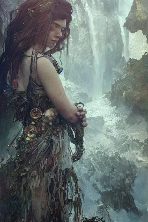 Image similar to a full body portrait of a beautiful post apocalyptic offworld neoicelandic biofarmer swimming by the waterfalls, intricate, elegant, highly detailed, digital painting, artstation, concept art, smooth, sharp focus, illustration, art by krenz cushart and artem demura and alphonse mucha