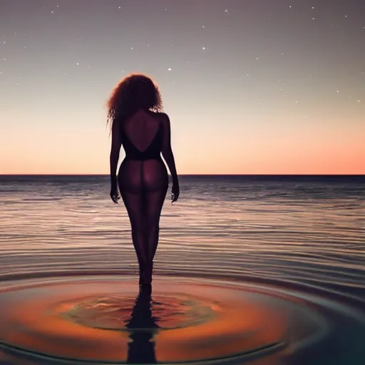 Image similar to beyonce standing on a raised translucent platform in the middle of the sea, night time with milky way in the sky. cinematic, 3 5 mm film, sharpness, nostalgic and melancholic 4 k, 8 k