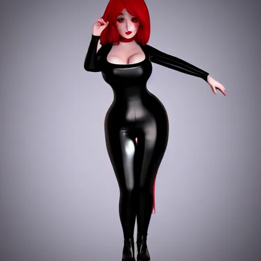 Prompt: curvy feminine hot goth cutie in a sublime elegant polished black latex neck-high gown with red trim and latex leggings, thin waist, cgsociety, photorealistic, comfy ambience, idealistic, 16k, smooth, sharp focus, trending on ArtStation, volumetric lighting, fully clothed, worksafe