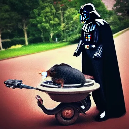 Image similar to a beautiful photo of darth vader riding on a hamster, darth vader on the back of a hamster trending on instagram