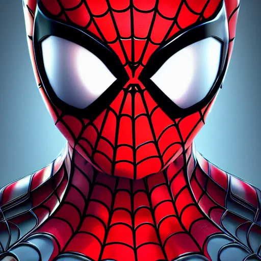 Image similar to spiderman, portrait, face symmetry, centered, anime style, disney character style, octane render, symetrical portrait, 3 d, pixar, disney, epic lighting, cinematic composition, hyperrealistic, 8 k