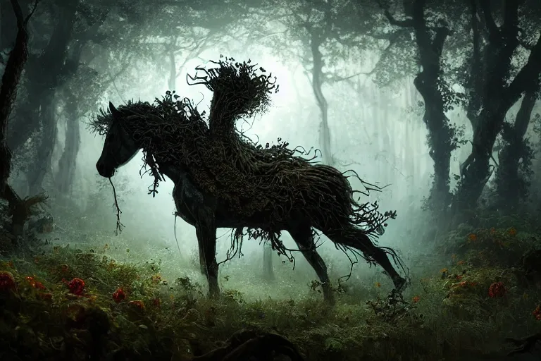 Image similar to a stunning horse made of gnarled wood with a thick mane of bioluminescent vines and flowers running through the woods by greg rutkowski, high key lighting, volumetric light, digital art, highly detailed, fine detail, intricate, ornate, complex, octane render, unreal engine, photorealistic