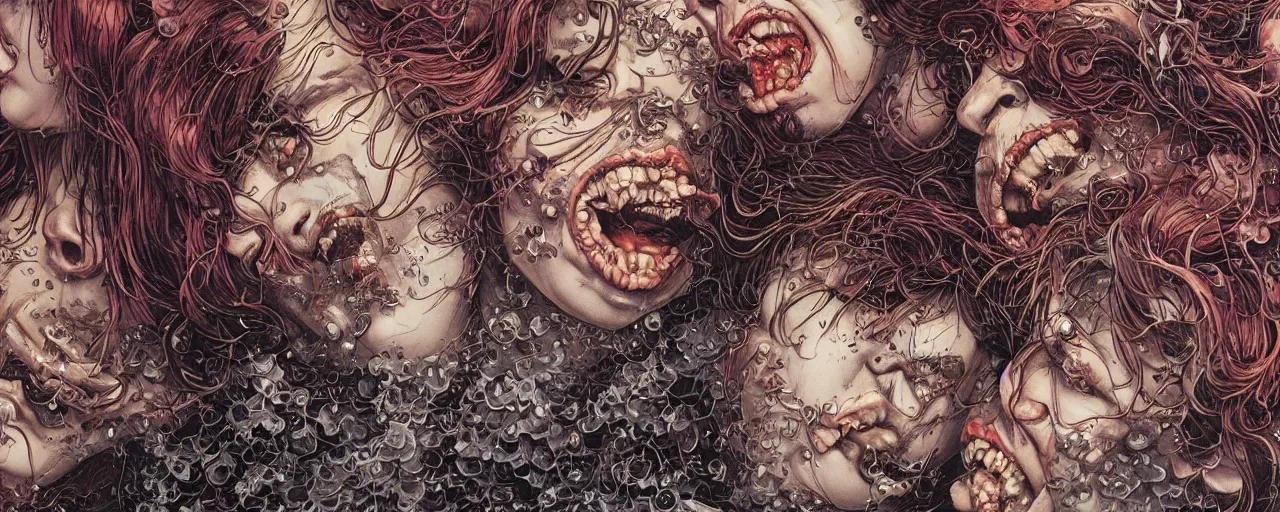 Image similar to closeup of face melting and tongues, by yoichi hatakenaka, masamune shirow, josan gonzales and dan mumford, ayami kojima, takato yamamoto, karol bak