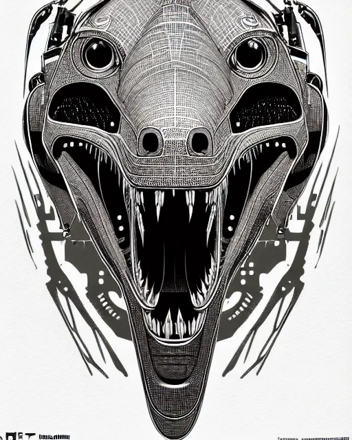 Prompt: a symmetrical illustration intricate mechanical robot trex dinosaur head, transformer, high details, symmetrical illustration, bold line art, by vincent di fate, kim jung gi, joe fenton, inking, scifi, screen print, character concept art, trending on art station, sharp, high contrast, ultrafine hyper detailed, hd, 4 k, 8 k