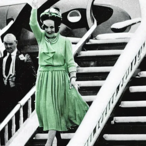 Image similar to a vintage historical fantasy 1 9 3 0 s kodachrome slide german and eastern european mix of the queen of winter and rain is pictured attending a royal tour. she is shown descending a staircase from a luxurious plane, waving to the crowd below. she is donning a pencil skirt and peplum jacket in a yellow and green skirt suit.