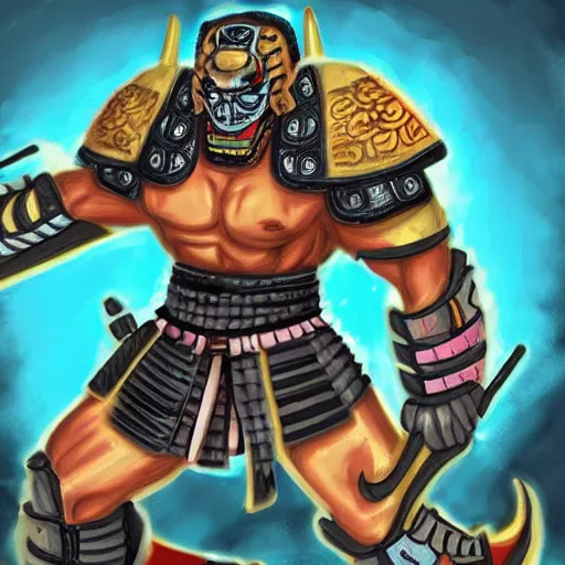 Image similar to big buff strong very big samurai wearing cyber oni mask