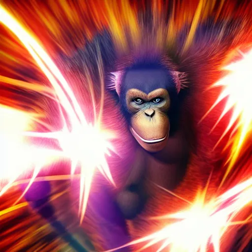 Image similar to an orangutan in dragon ball z going ultra instinct, 4 k, hyper realistic, dslr, high resolution, landscape, beautiful, anime, super saiyan, ultra instinct