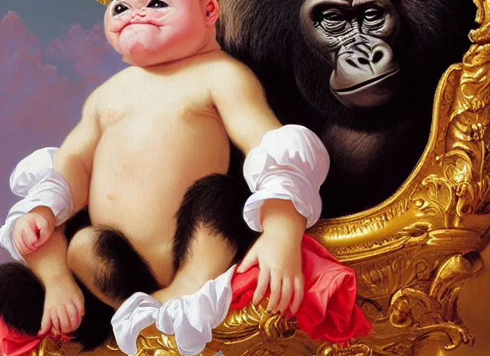 Prompt: baroque rococo painting The Fancy Royal Baby Gorilla Greg Hildebrandt high detail cute