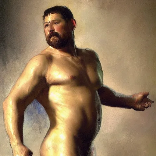 Image similar to a man with a flabby body type, painting by Gaston Bussiere, Craig Mullins